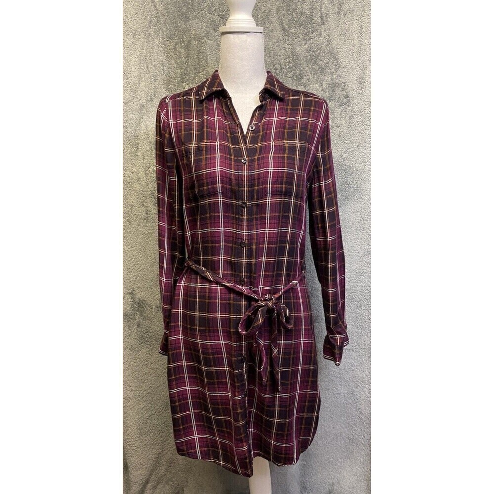 Banana Republic Women’s Plum Plaid, Button Down, Tie Waist Shirt Dress Size 2 - Picture 1 of 16